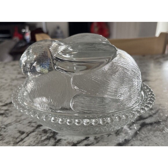 Vintage Indiana Glass Rabbit Candy Bowl Dish with Lid Nesting Bunny Clear Easter - Picture 1 of 7